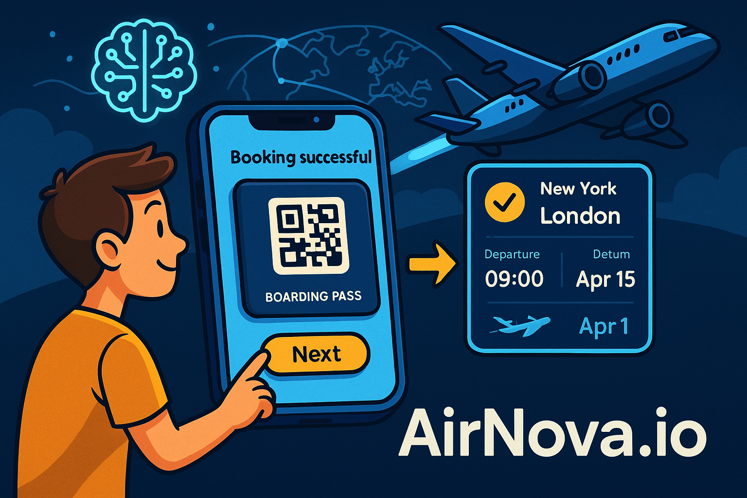 AirNova.io airline booking platform showing mobile interface with boarding pass and flight details