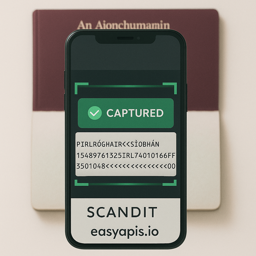 EasyAPIs.io passport scanning demo showing successful MRZ capture from Irish passport with Scandit technology